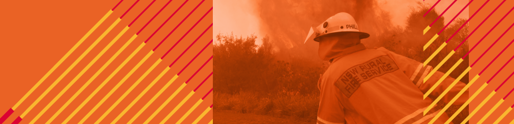 Image with lines, orange background and firefighter in action